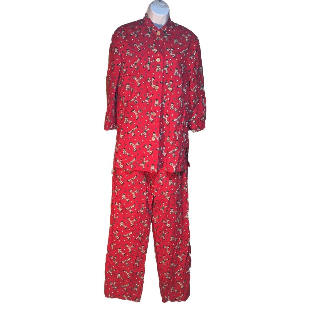 Womens Red Reindeer 2pc Pajama Set Sz Medium 3/4 Sleeves Pockets Handmade